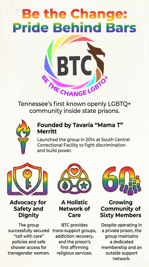 Discover how Be the Change (BTC), the first openly LGBTQ+ network in a Tennessee CoreCivic facility, advocates for inmate safety, faith, and recovery.