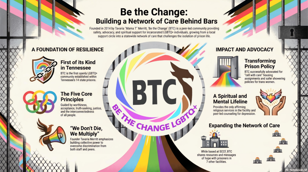 Be the Change (BTC) is the first openly LGBTQ+ community network within the Tennessee prison system, and one of the most significant grassroots movements for dignity and safety in the state’s correctional history.
