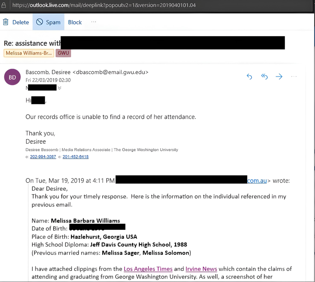 George Washington University Has No Record of Melissa Williams-Brown Melissa Williams-Brown Lied About Earning a Degree from George Washington University for decades