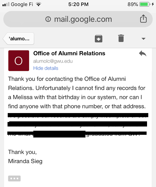 "Our records office is unable to find a record of her attendance." Desiree Bsscomb, Media Reletions Associate The George Washington University Telephone: 202-904-3087 Melissa Williams-Brown Lied About Earning a Degree from George Washington University for decades