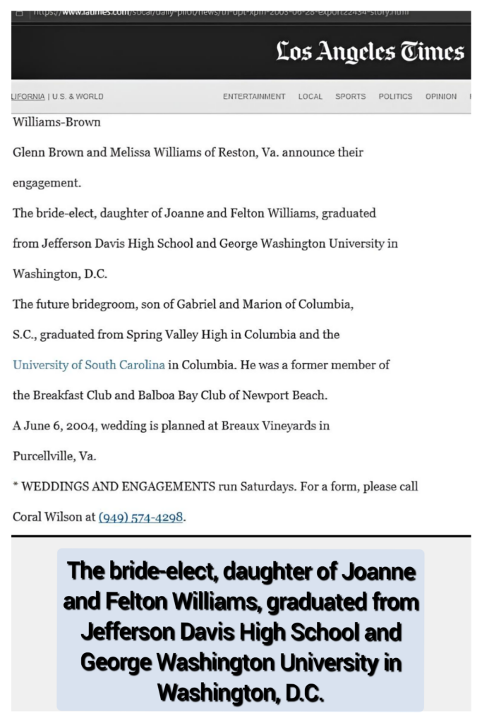 Melissa Barbara Williams, daughter of Joanne and Felton Williams, graduated from Jefferson Davis High School and George Washington University in Washington, D.C. Melissa Barbara Williams, daughter of Joanne and Felton Williams, graduated from Jefferson Davis High School and George Washington University in Washington, D.C.